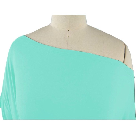 LEIYEE Womens Aqua Blue Off Shoulder Short Sleeve Top With Front Twist Knot - Picture 3 of 6